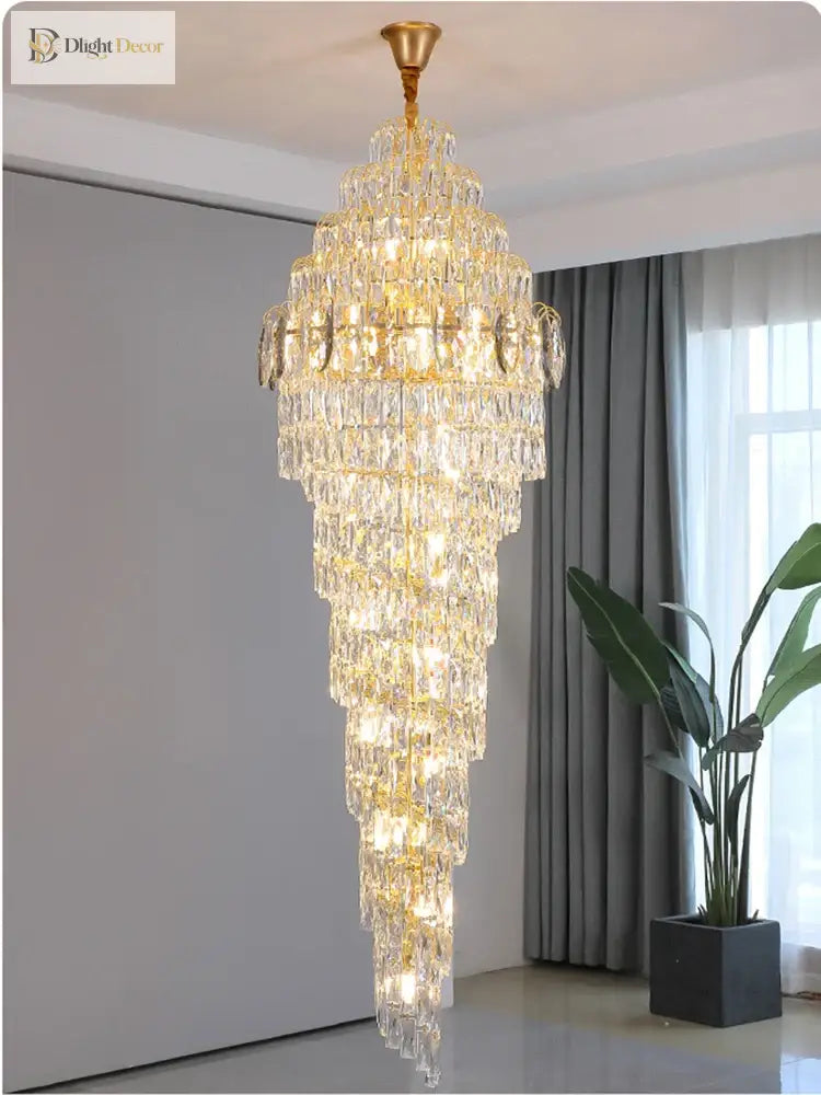 Modern Luxury Staircase Chandelier - Golden Elegance With Crystal Accents For Duplex Buildings High