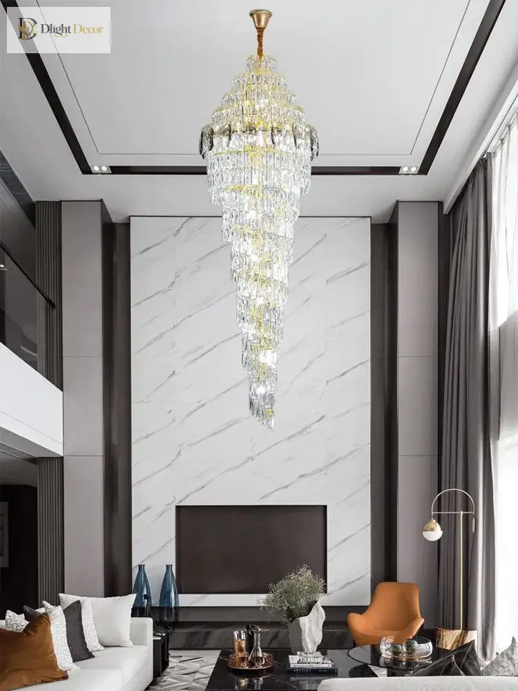 Modern Luxury Staircase Chandelier - Golden Elegance With Crystal Accents For Duplex Buildings High