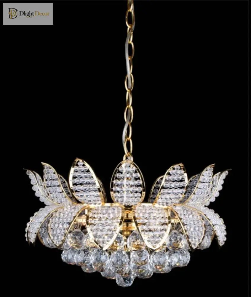 Lotus crystal chandelier with gold frame and faceted clear crystal drops