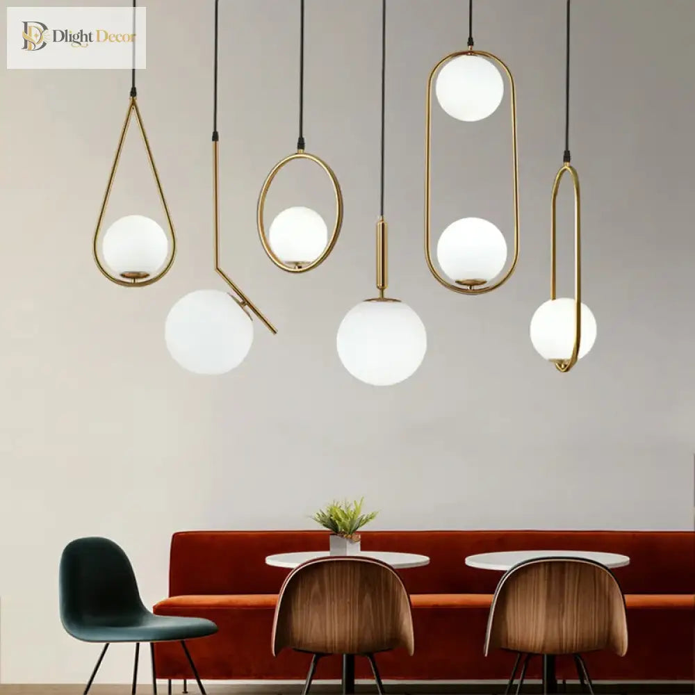 Modern Glass Ball Pendant Light Fixture - Elegant Luminaire Hanging Lamp With Gold Ring For