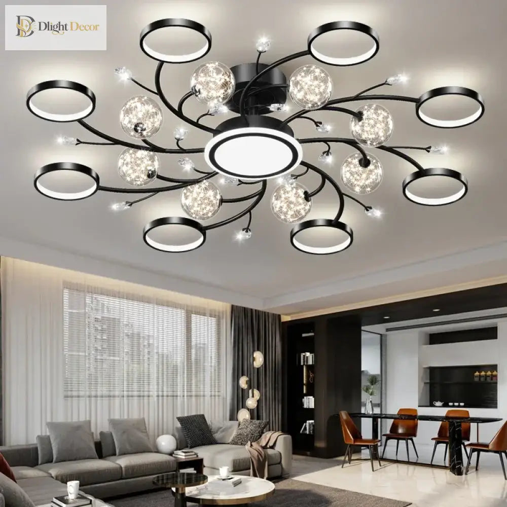 Black Ceiling Chandeliers - Modern Living Room And Hall Light Fixture With Romantic Starry Gold