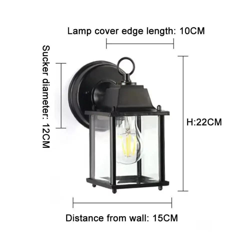 Black outdoor wall lantern light dimension diagram showing lamp cover and height