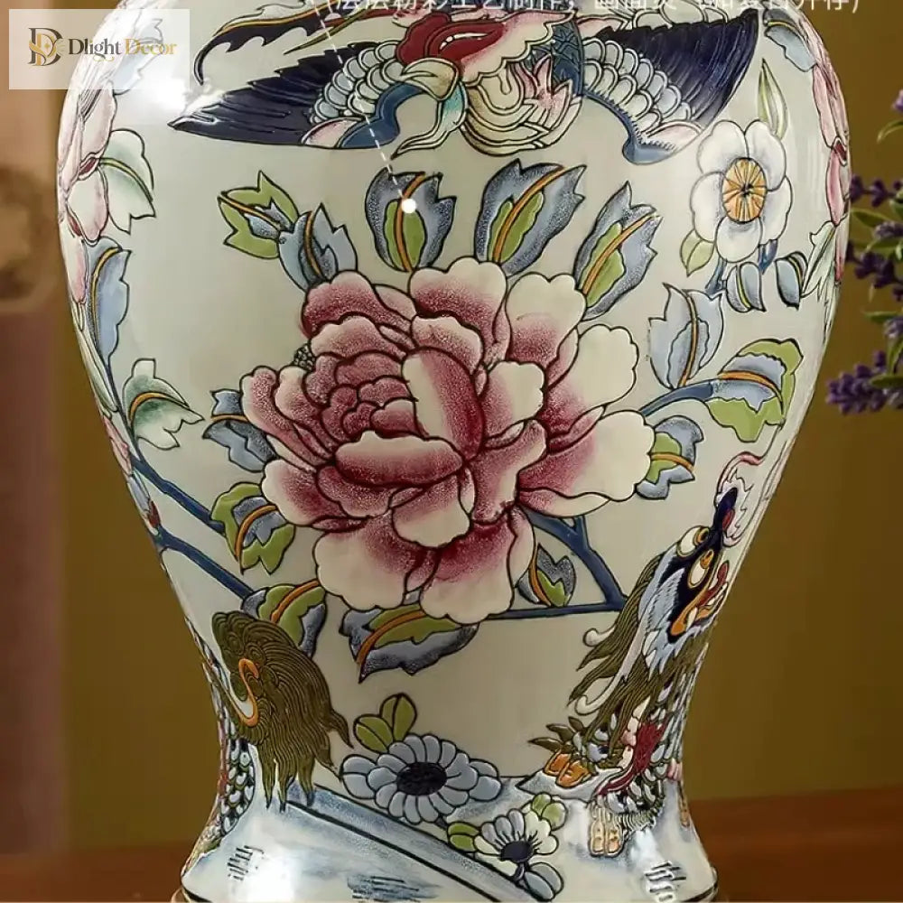 Floral porcelain lamp base with large peony bouquet pattern and gold decorative accents
