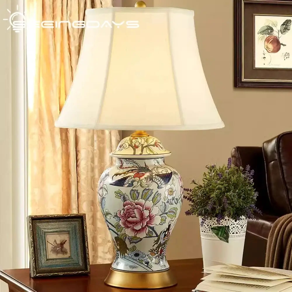 Neoclassical LED desk lamp with ivory fabric shade and floral porcelain base