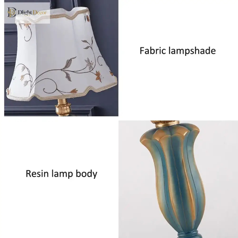 LED desk lamp parts: floral fabric lampshade and teal-blue resin lamp body.