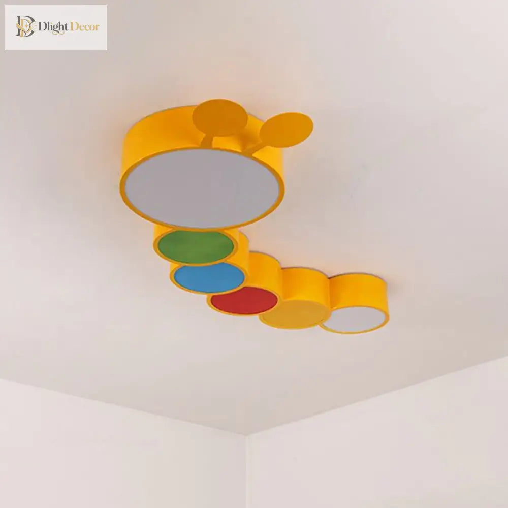 Olivia Yellow Metallic Cartoon Caterpillar Led Flush Mount Ceiling Light For Kindergarten