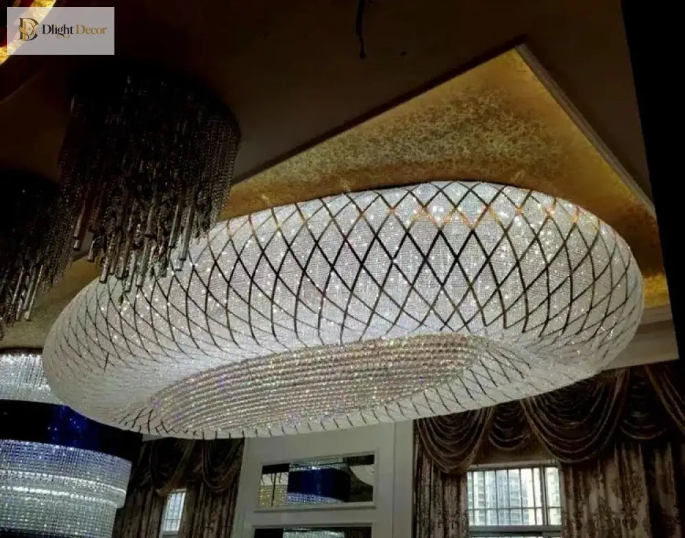 Oval beaded crystal chandelier with white wire mesh ring and hanging strands