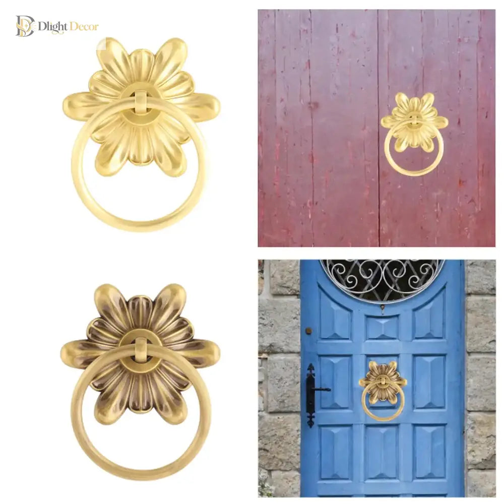 Set of floral ring pull door knockers in gold and bronze tones