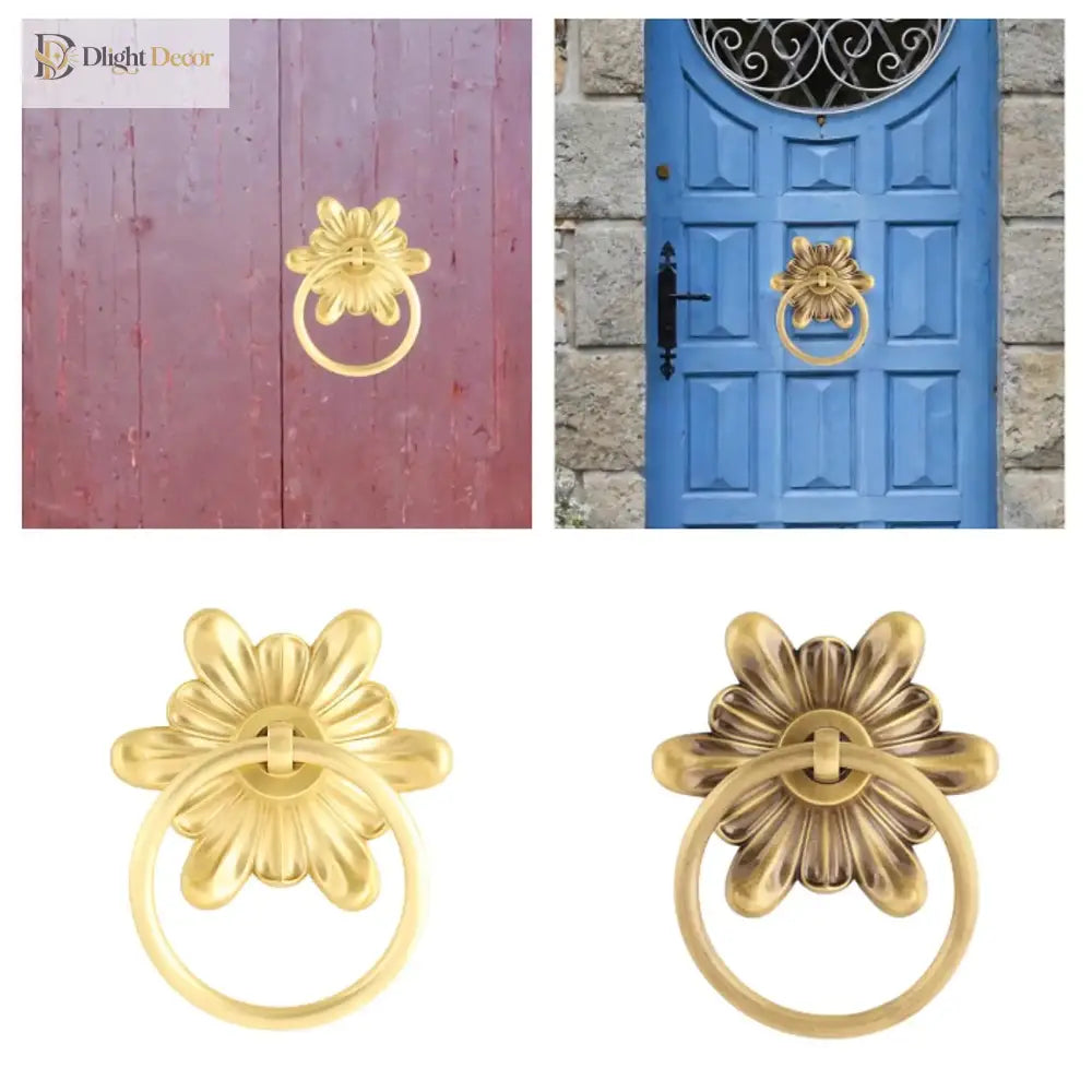 Floral ring pull door knocker in gold and bronze tones, shown on panels