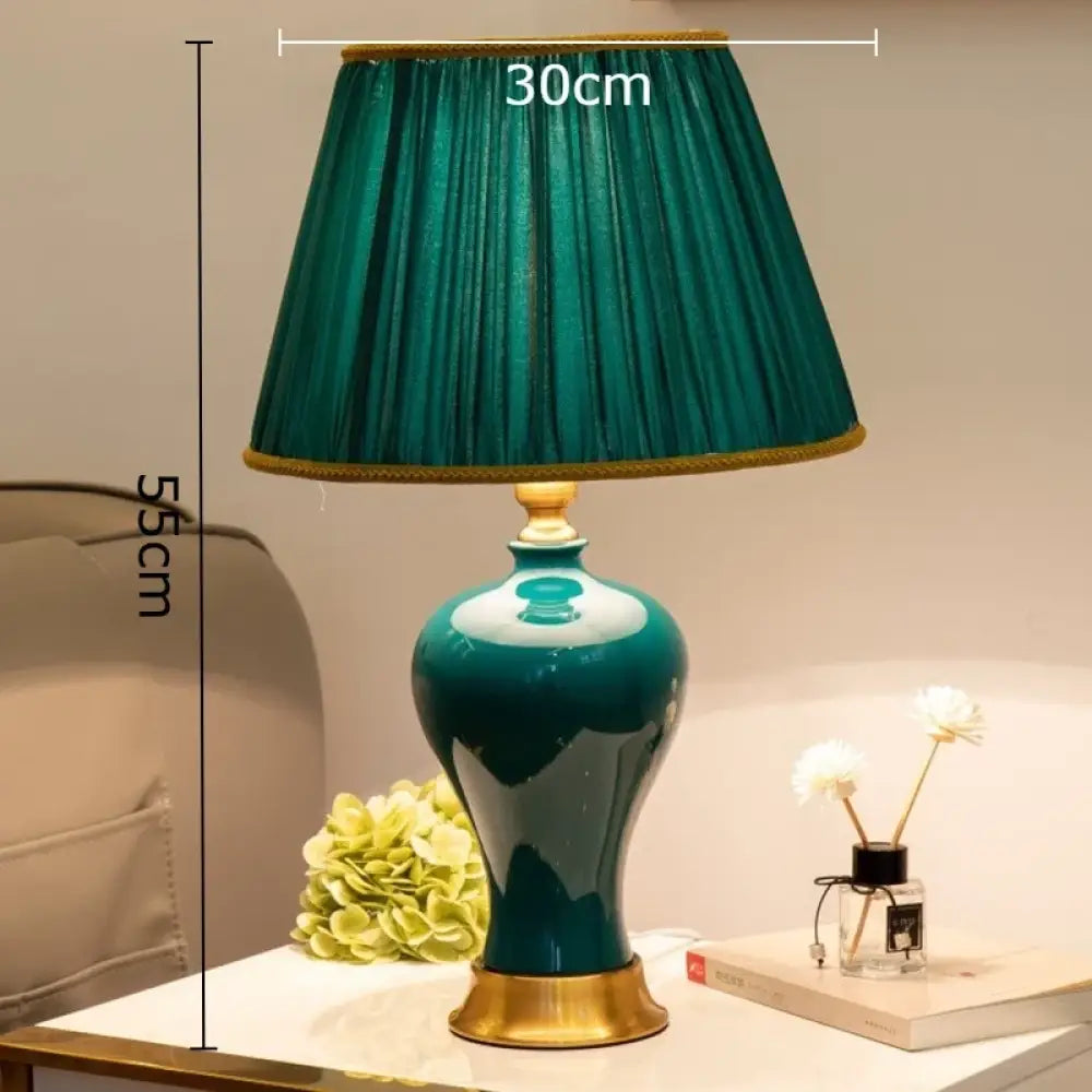Teal ceramic LED desk lamp; pleated shade 30cm, overall height 55cm