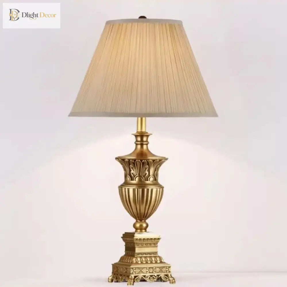 LED desk lamp with beige pleated shade and decorative gold pedestal base