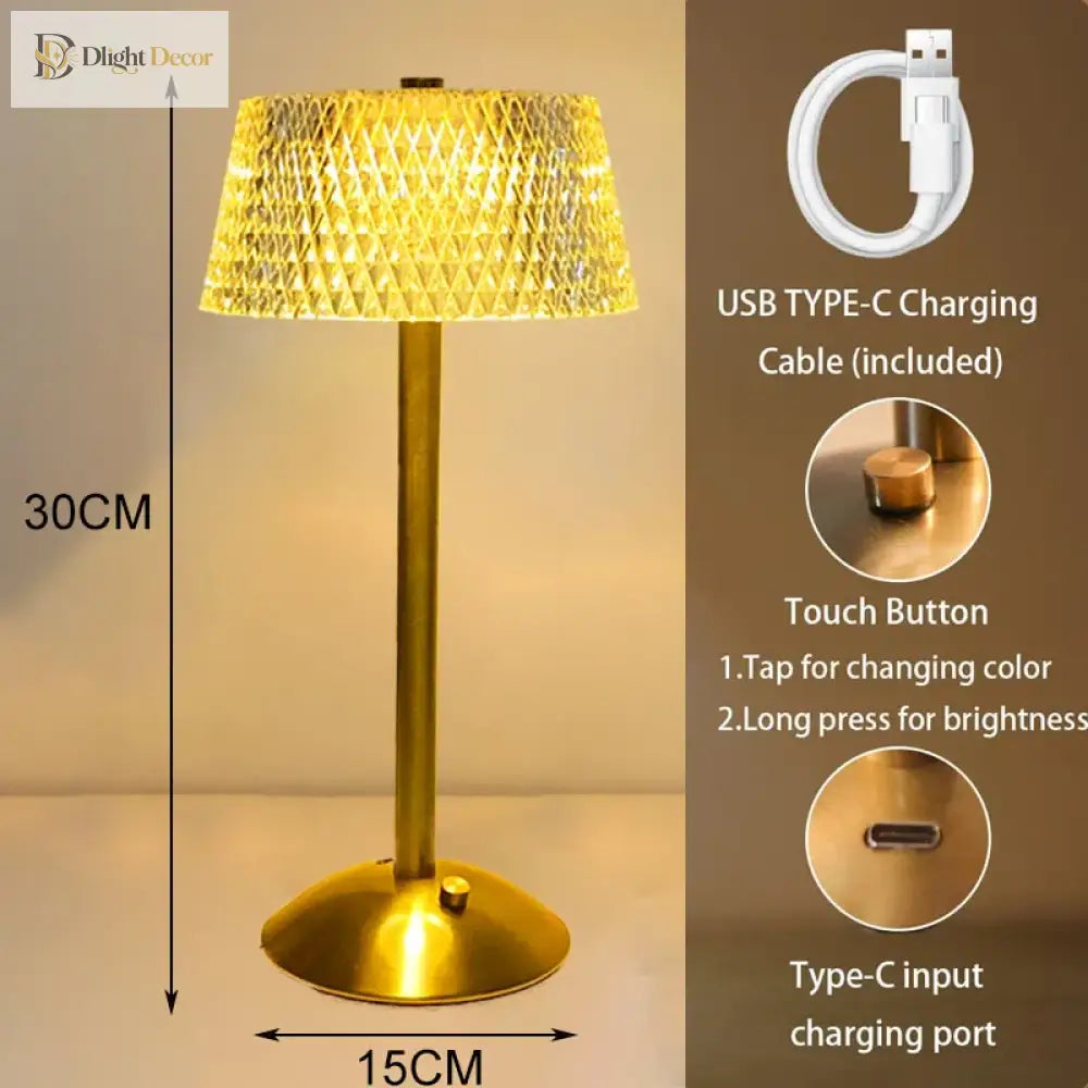 Crystal Diamond Table Lamp - Retro Led Bar Desk With Usb Rechargeable Eye Protection Night Light