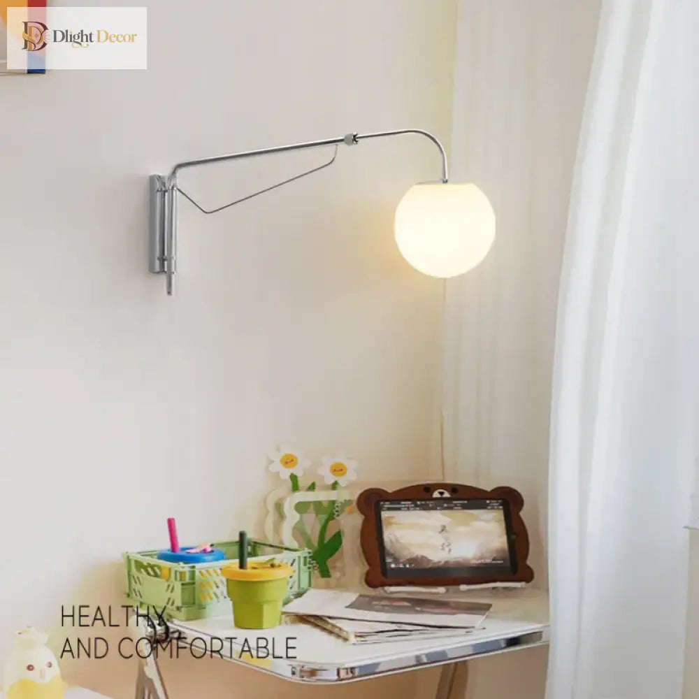 Rocker Arm Wall Lamp - Modern Bedroom And Living Room Reading Light With Milky White Glass Bubble
