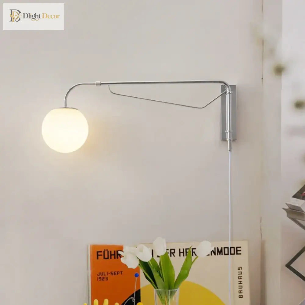 Rocker Arm Wall Lamp - Modern Bedroom And Living Room Reading Light With Milky White Glass Bubble