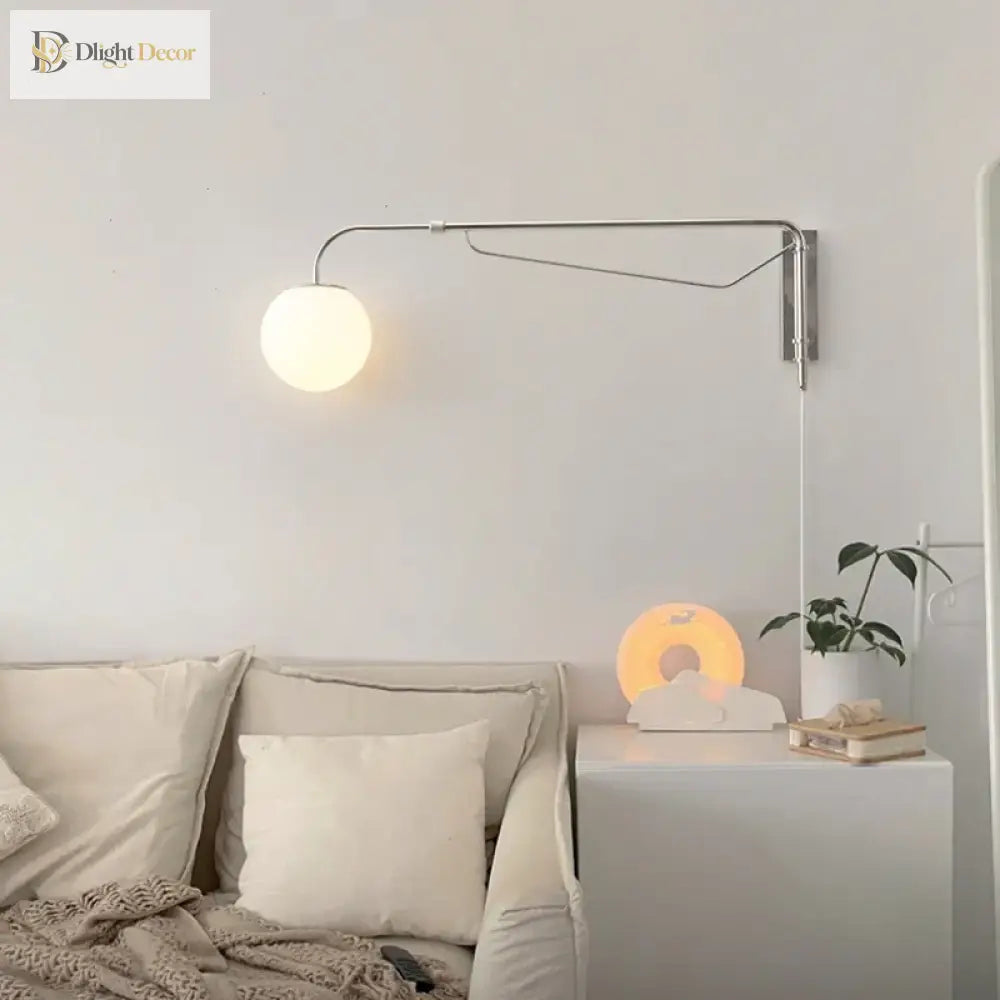 Rocker Arm Wall Lamp - Modern Bedroom And Living Room Reading Light With Milky White Glass Bubble