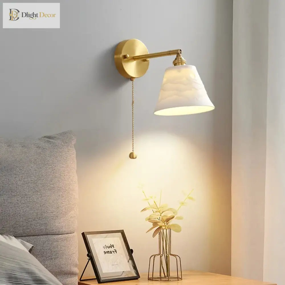 Rotary Brass Ceramic Wall Lamp With Pull Switch - Customizable Led Sconce For Bedroom And Interior