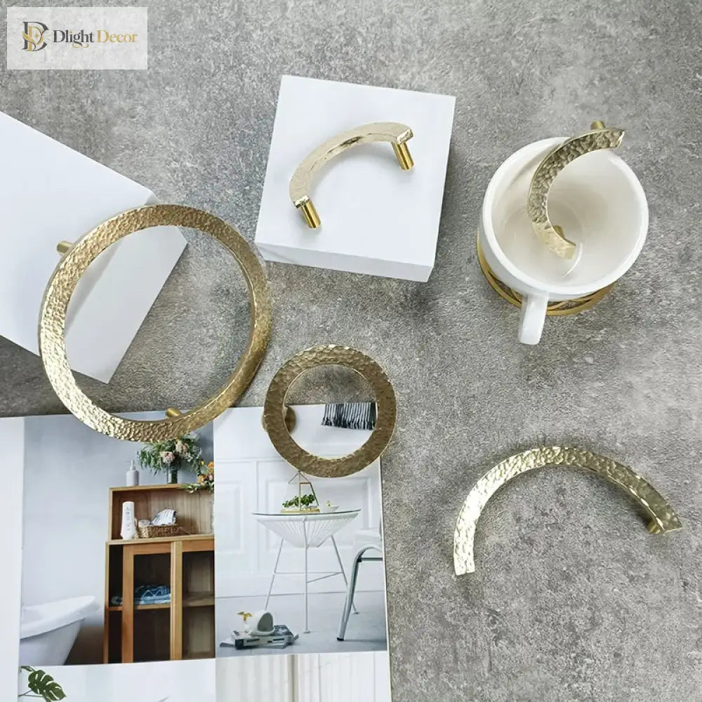 Round Hammered Brass Wardrobe Handles – Modern Knobs for Drawers Dressers and Cabinets (Circle & Semi-Circle) Handles