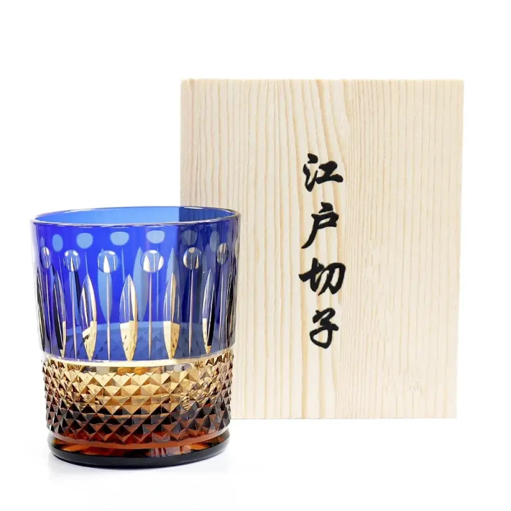 Blue diamond-cut crystal whiskey glass with wooden gift box, faceted base