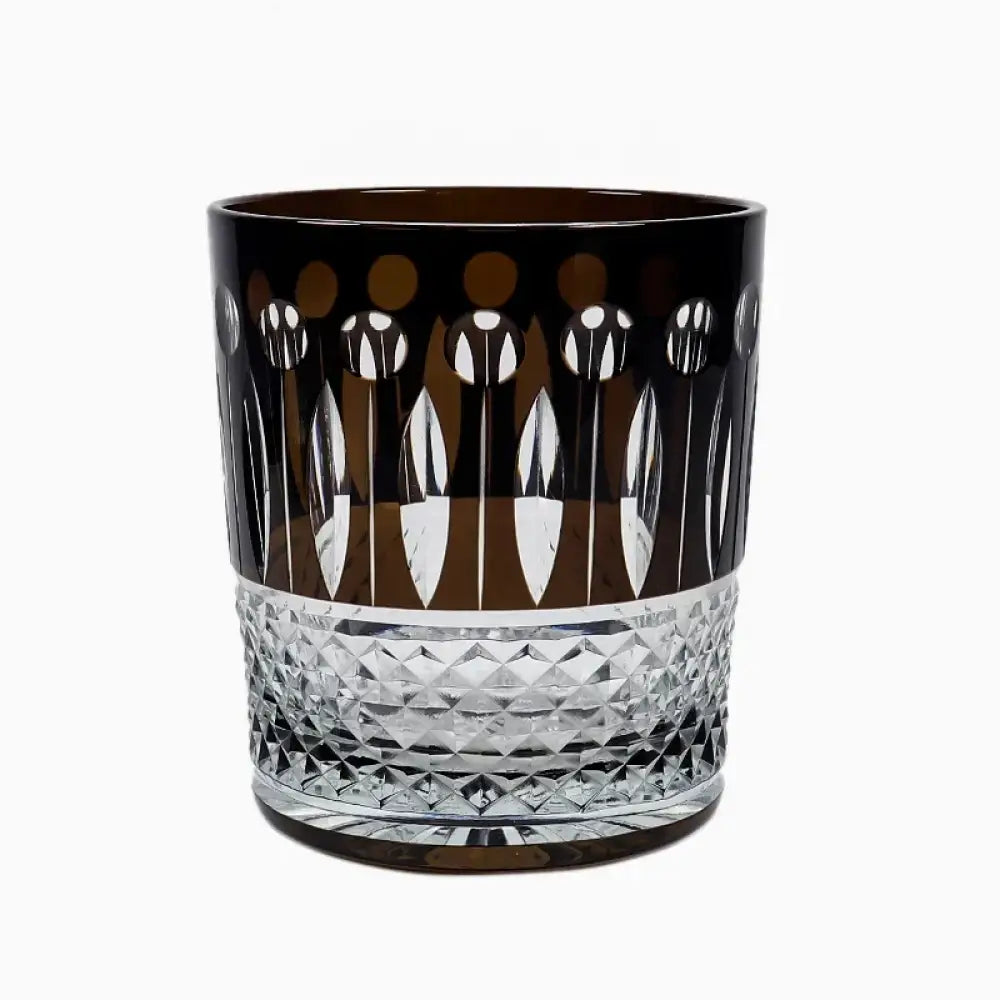 Black diamond-cut crystal whiskey tumbler with silver-toned faceted middle band