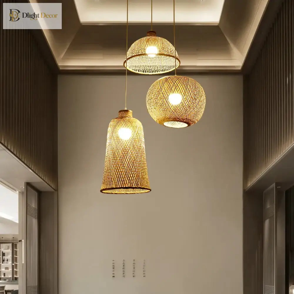 Set Of 3 Modern Hand - Knitted Bamboo Rattan Pendant Lights - Weaving Elegance For Your Home