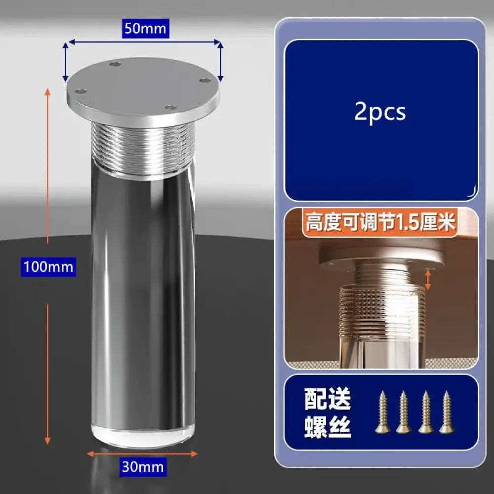 Stainless-style adjustable furniture leg, round top, threaded column, 100mm height shown