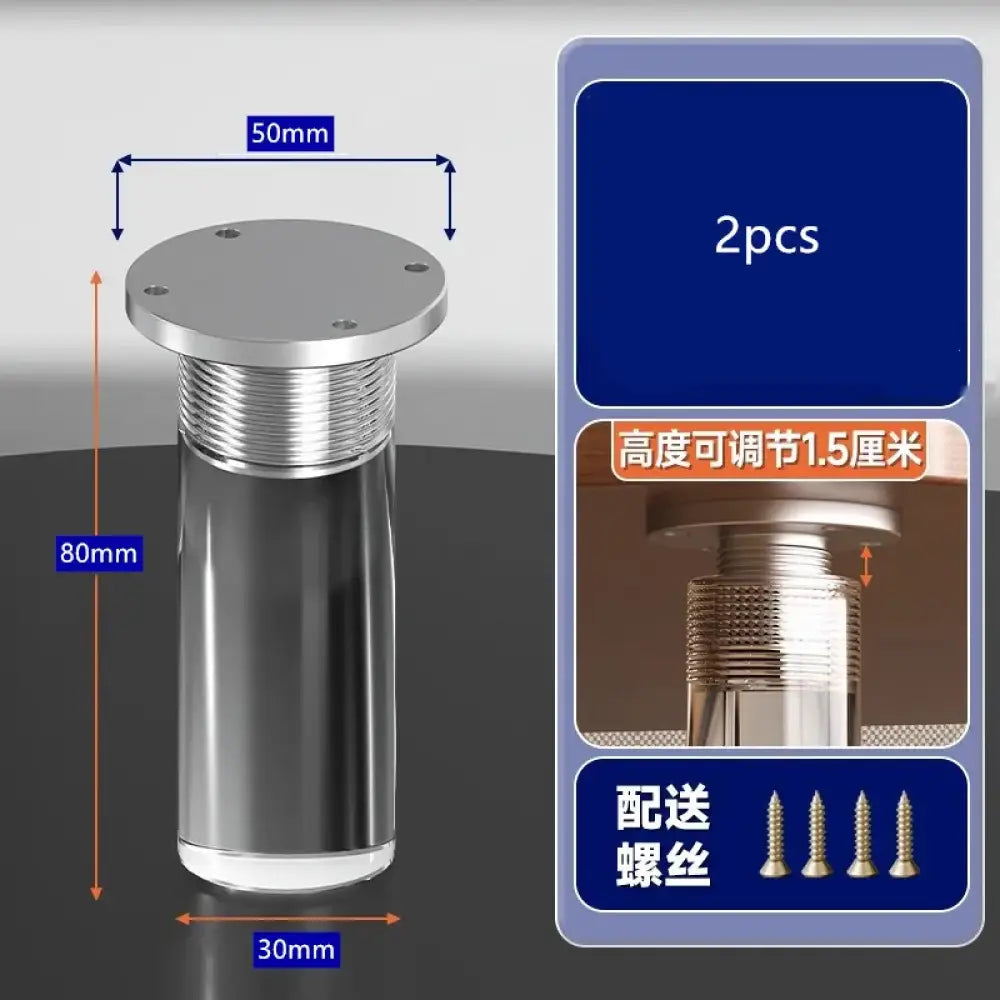 Stainless-style adjustable furniture leg, round top, threaded column, 80mm height shown