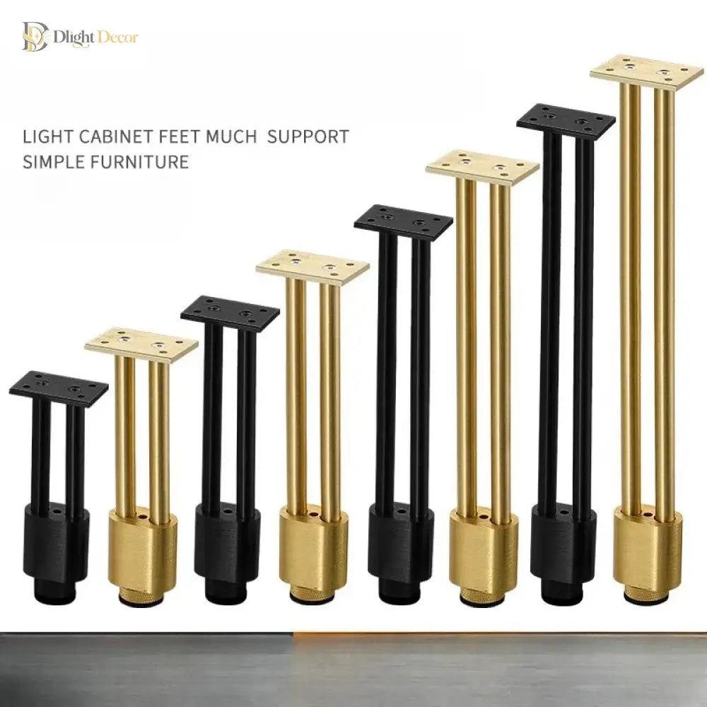 Set of adjustable furniture legs in gold and black, multiple heights, square plates