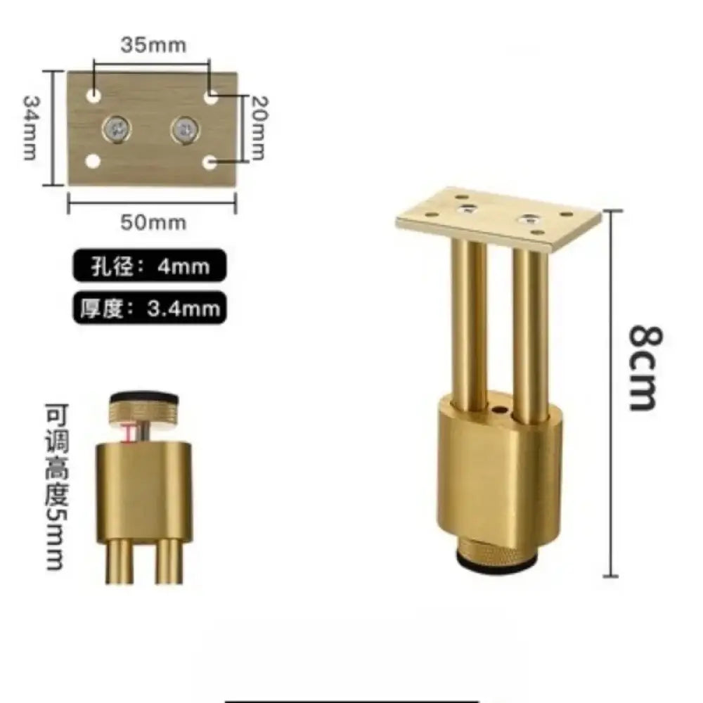 Adjustable gold metal furniture leg with mounting plate, threaded base, 8cm height