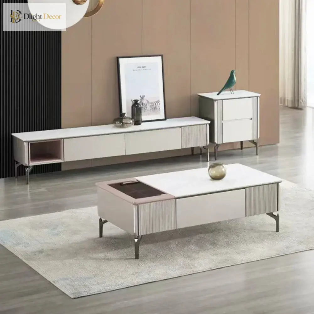 Chrome metal table legs with mounting bracket, shown beneath low sofa table