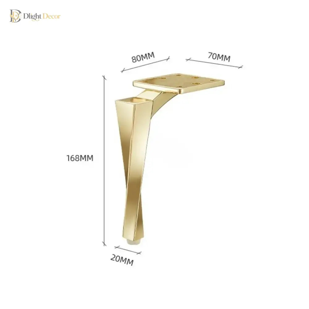 Gold aluminium furniture leg with square mounting plate and size diagram