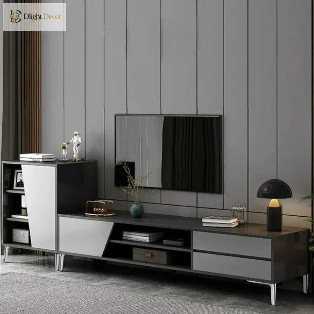 Metal furniture legs supporting a TV stand, with a visible cabinet leg set