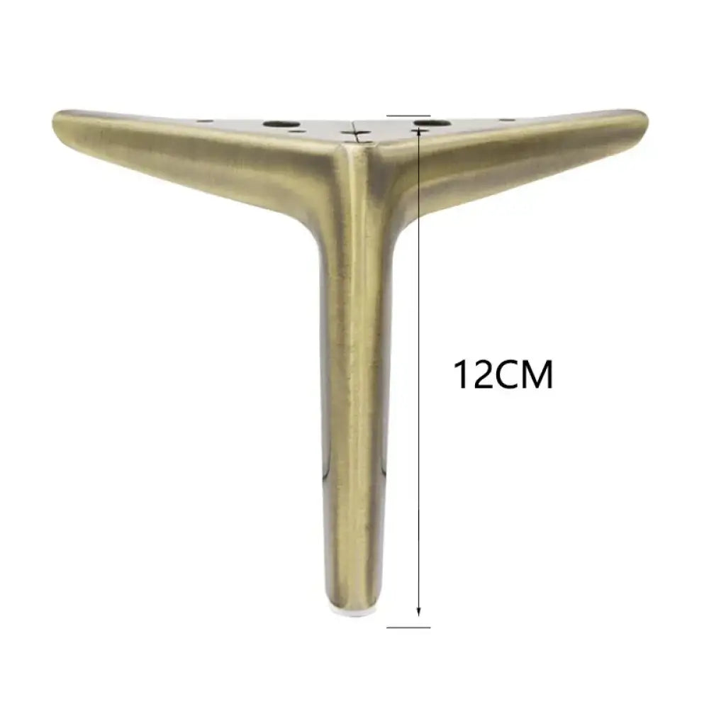 Gold metal furniture leg with triangular base and mounting holes, 12cm height