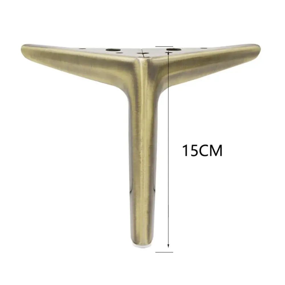 Gold metal furniture leg with triangular base and mounting holes, 15cm height