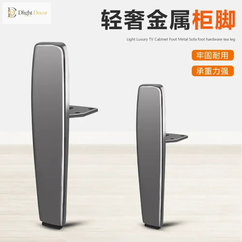 Two dark metal furniture support legs with mounting tabs, side-by-side view
