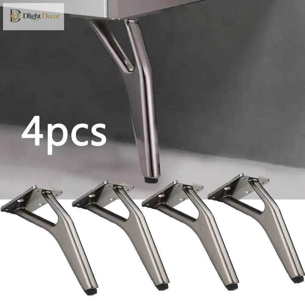Set of four silver Y-shaped metal furniture legs with mounting plates