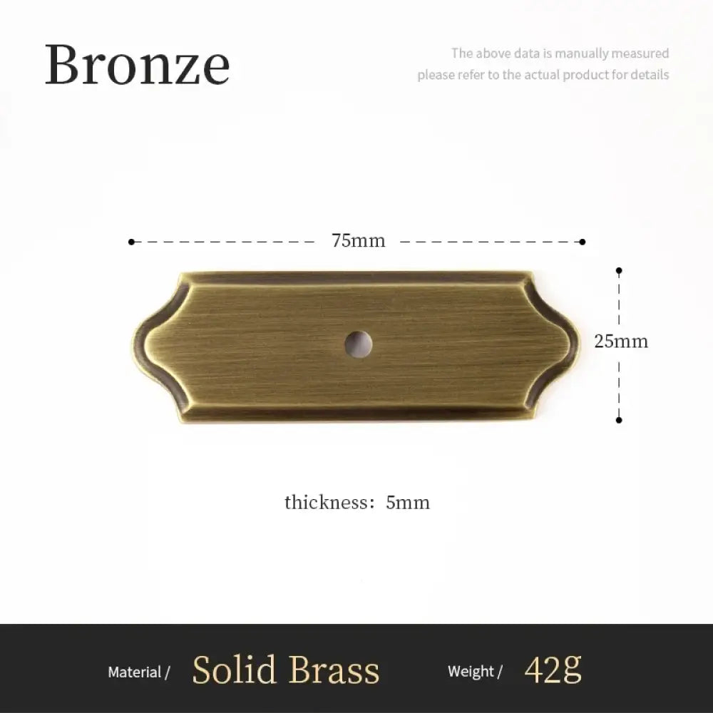 Scalloped backplate size diagram for solid brass single-hole cabinet handle, 75 x 25 mm