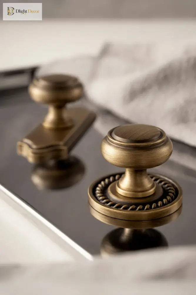 Close-up of solid brass single-hole cabinet handles with round knobs and textured backplates