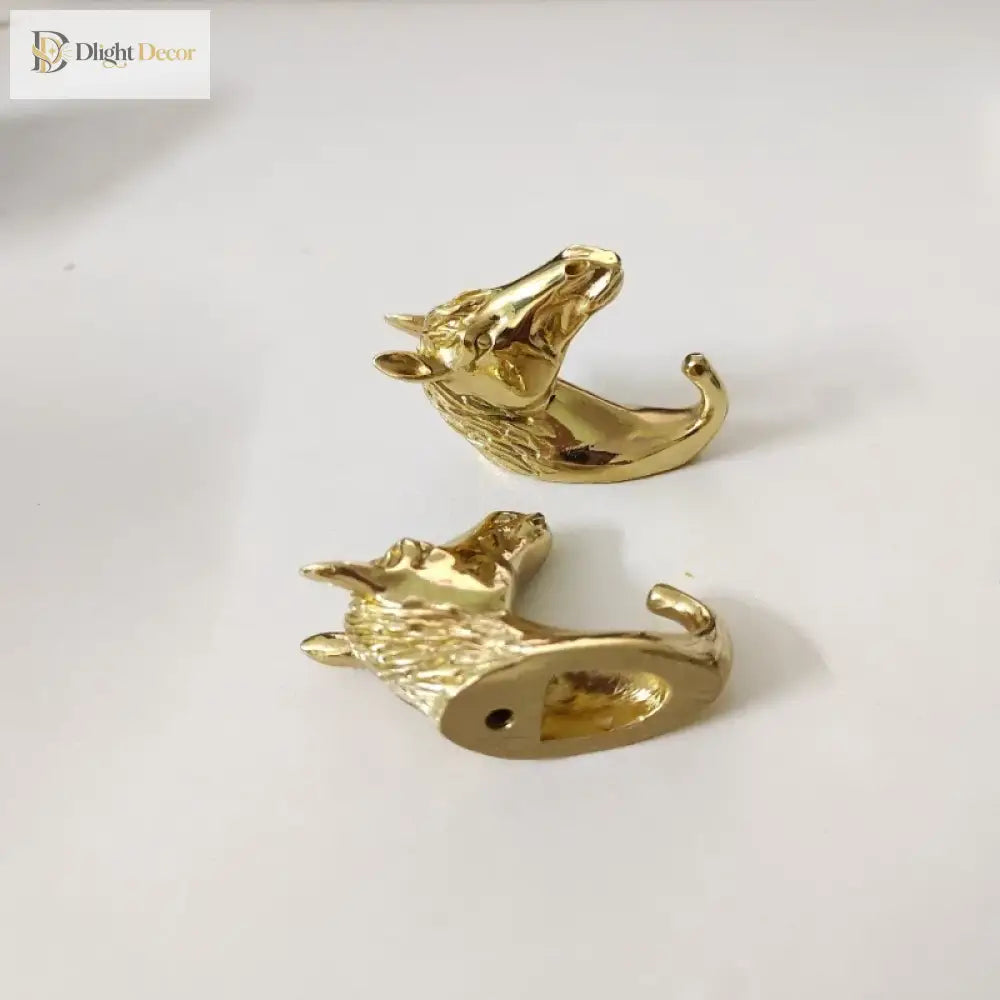 Solid brass horse head cabinet knob pair, side view with mounting holes