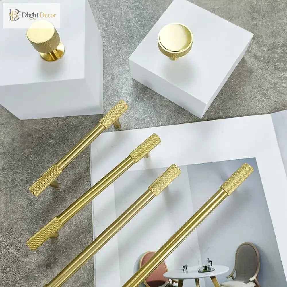 Solid Brass Knurled Cabinet Handles – Satin Gold Long Wardrobe Bar Pulls and Drawer T-Bars Handles