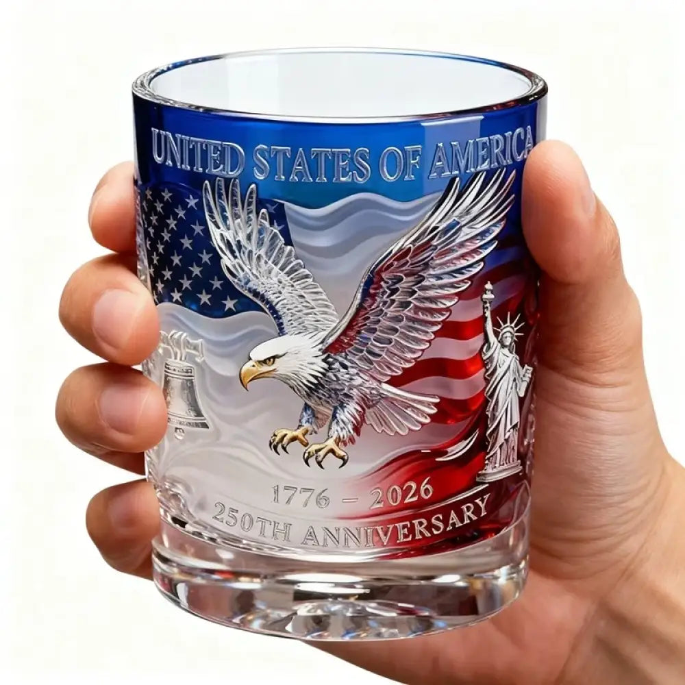 Patriotic whiskey tumbler with eagle, stars and stripes, and '250th Anniversary' print