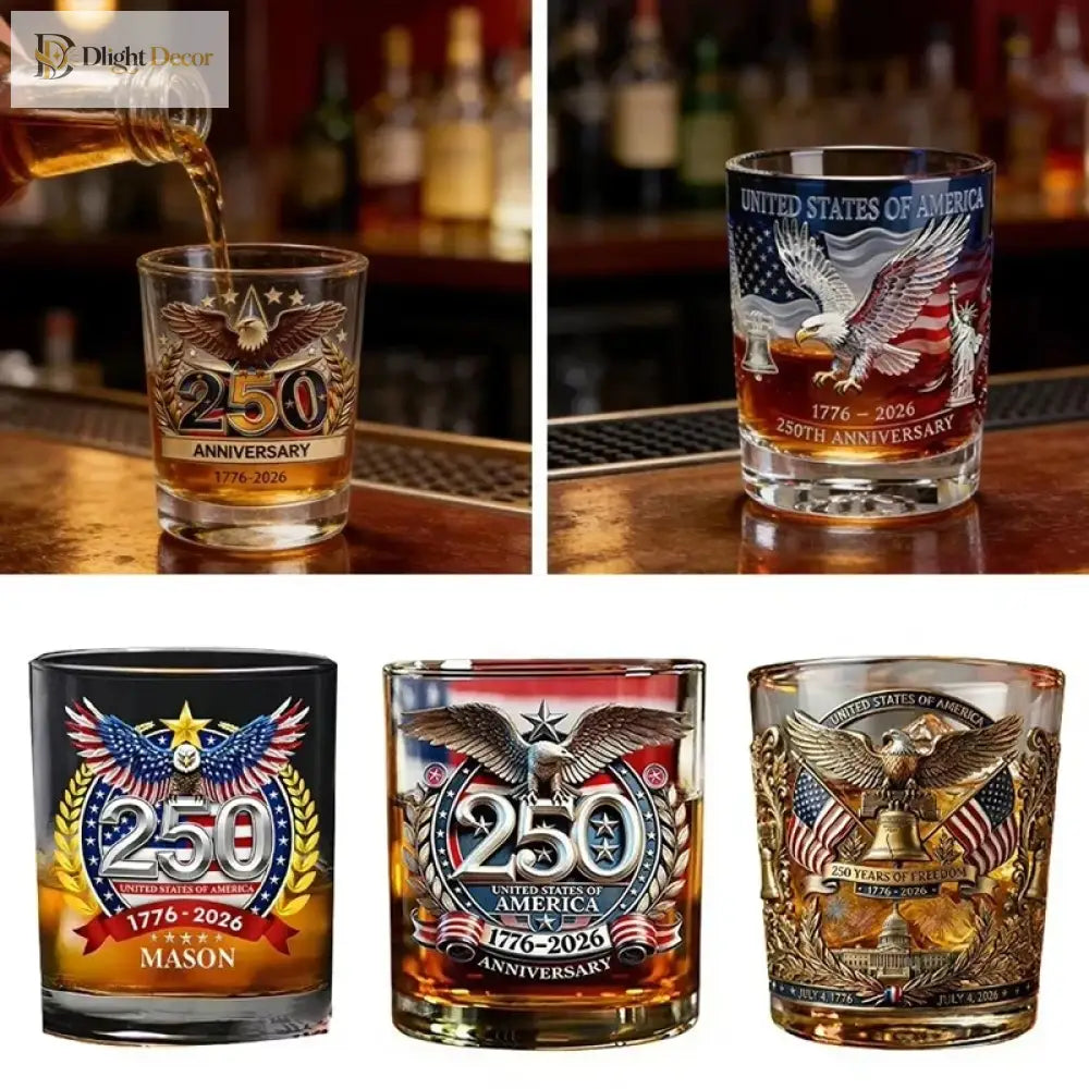 Two patriotic whiskey tumblers with 250th anniversary eagle designs on the front