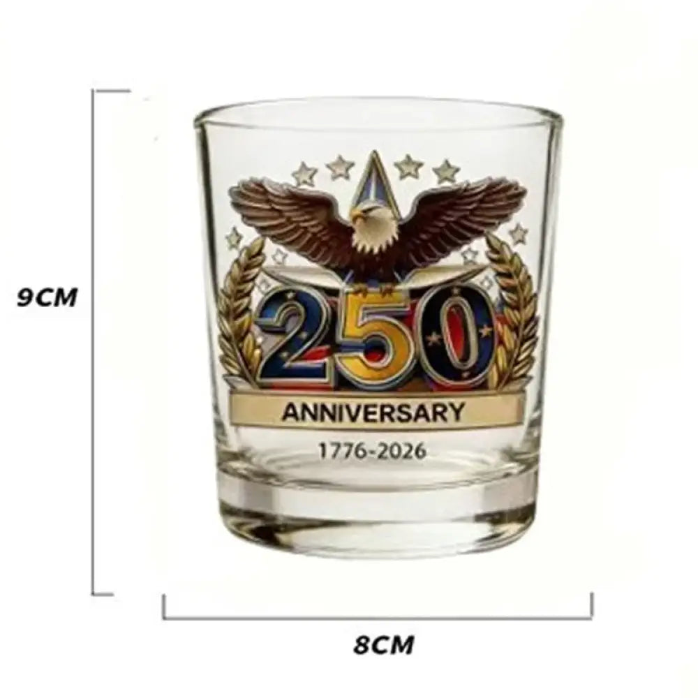 Clear whiskey tumbler with gold wreath and '250 Anniversary' emblem, 1776-2026