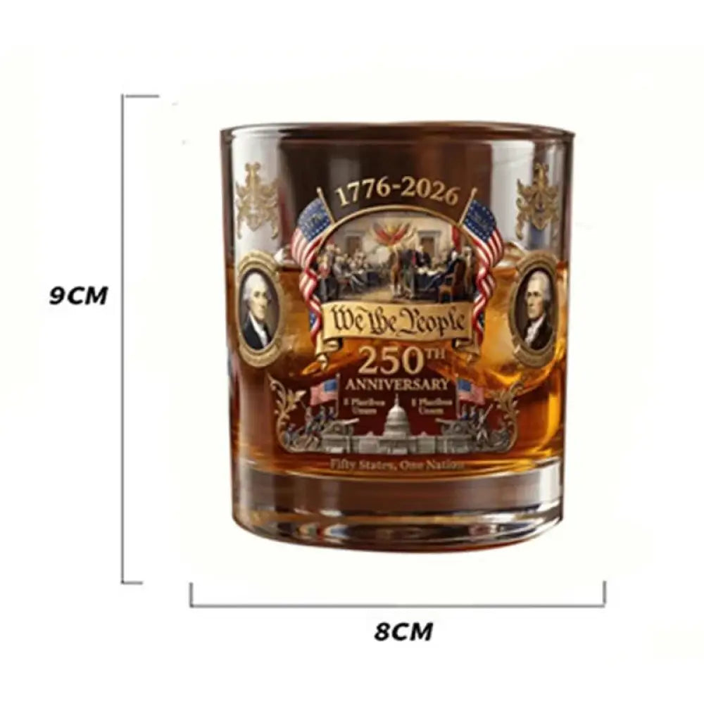 Brown-toned whiskey tumbler with 1776–2026 “We the People” 250th anniversary emblem