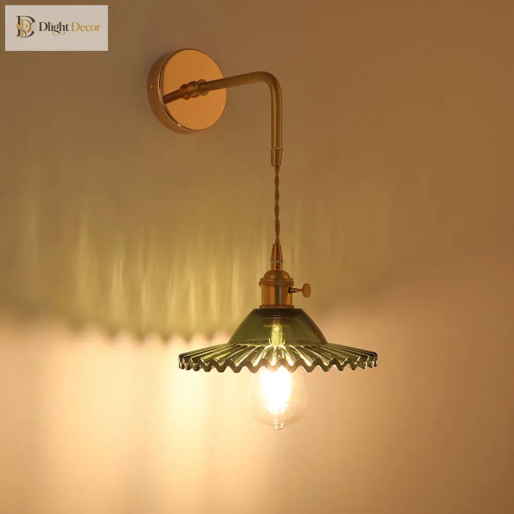 Vintage Single - Bulb Bedside Wall Mounted Lamp In Gold - Shaded Glass Light Fixture Wall Lamp