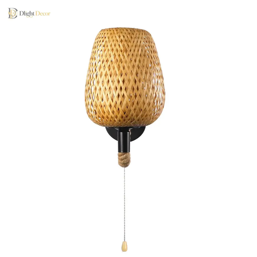 Retro Bamboo Rattan Wall Light With Switch - Vintage Hemp Rope Sconce For Bedroom And Home