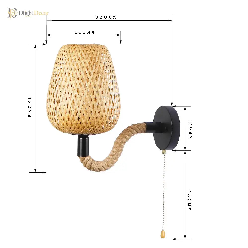 Retro Bamboo Rattan Wall Light With Switch - Vintage Hemp Rope Sconce For Bedroom And Home