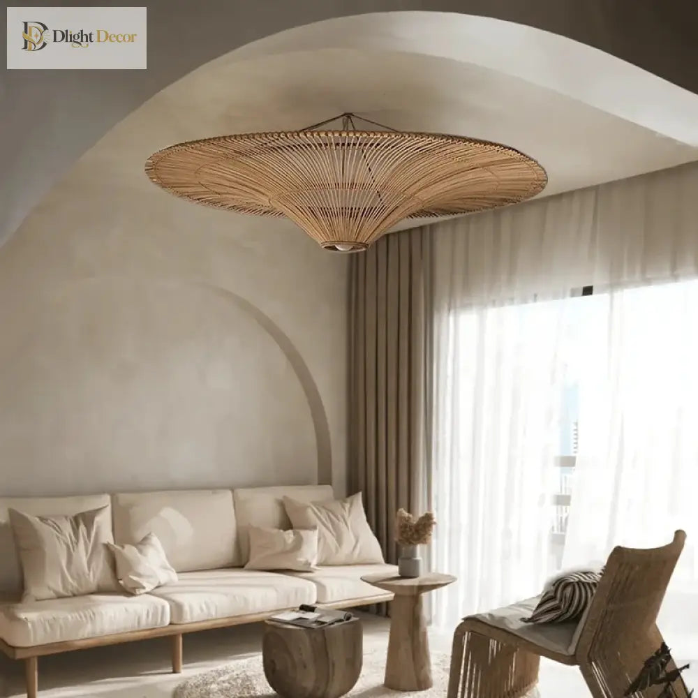 Wabi Sabi Japanese Rattan Pendant Light - Handmade Straw Hat Chandelier For Unique Decor Lights