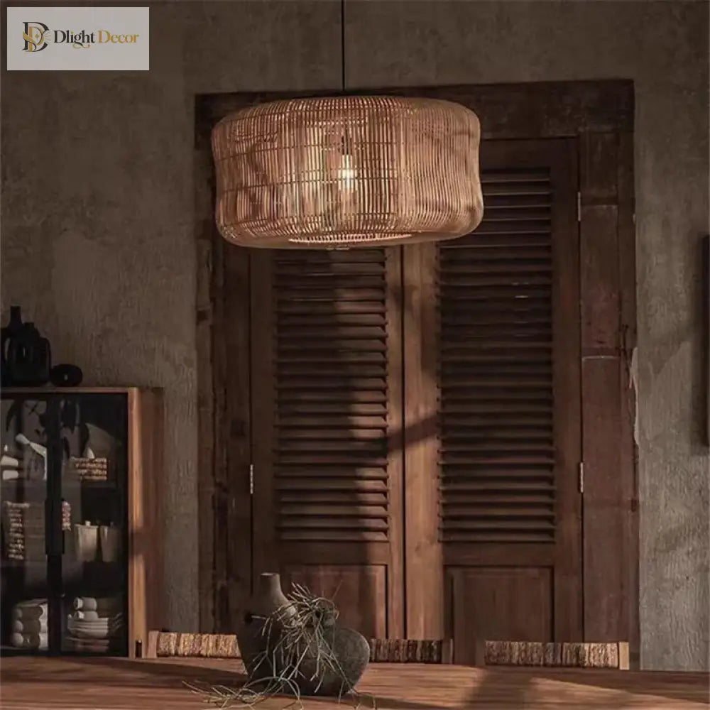 Wabi - Sabi Vintage Rattan Pendant Light - Hand - Woven Japanese Style Elegance For Dining Room