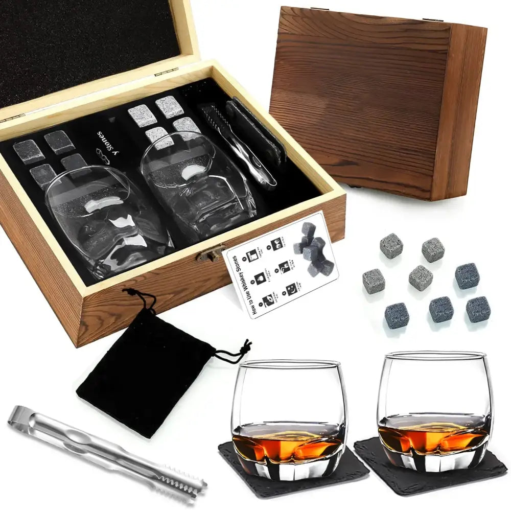 Whiskey glass gift set in wooden box with 2 tumblers, 8 stones, tongs, and storage bag