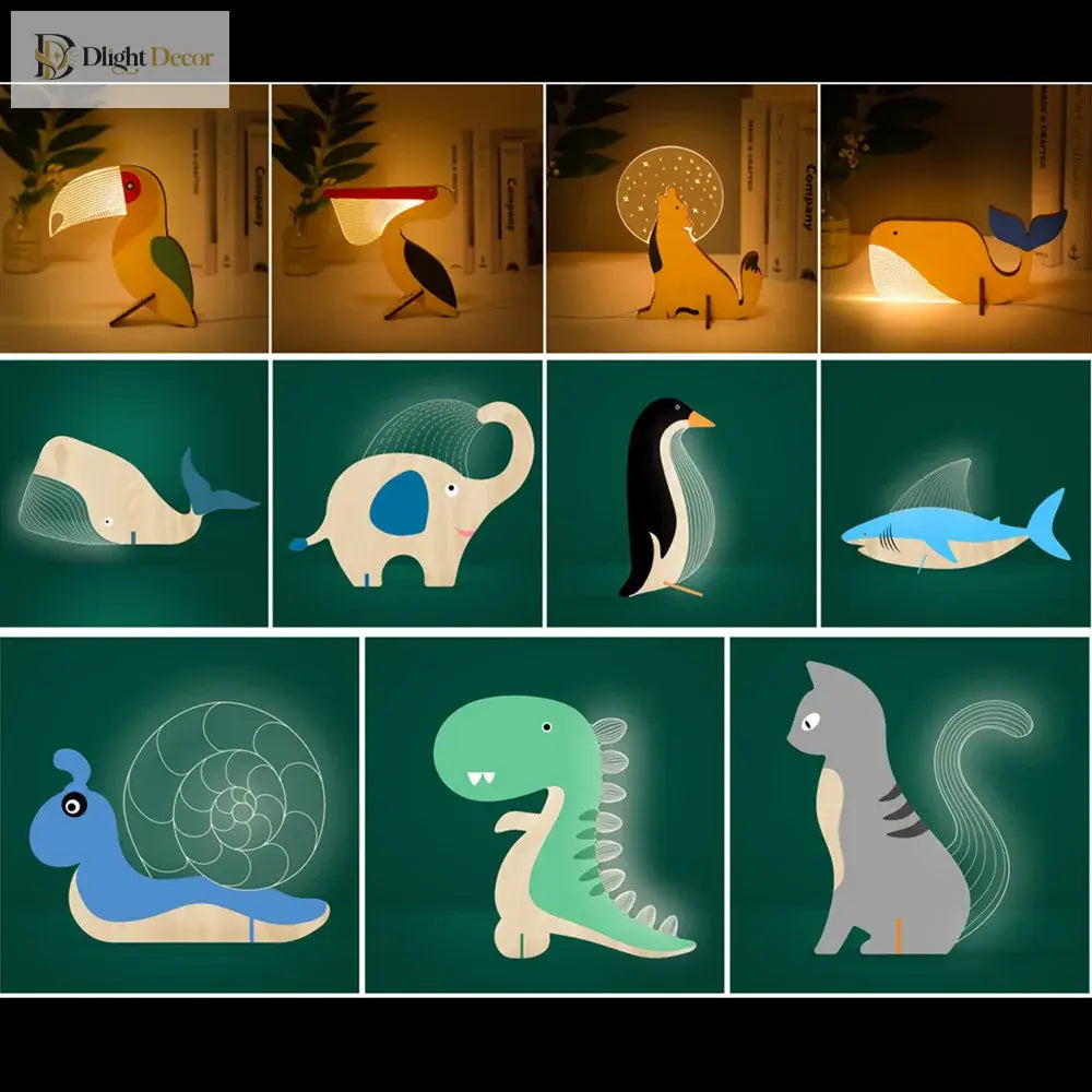 Wood And Acrylic Animals Led Night Light - Charming Decor For Children’s Bedrooms Table Lamp